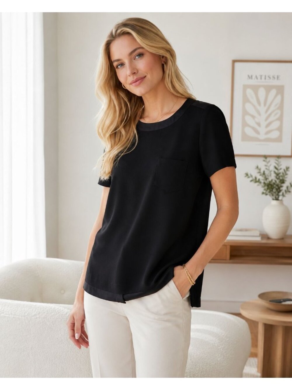 Madewell Crepe Button Back Silk Trim Top Women’s Medium Black